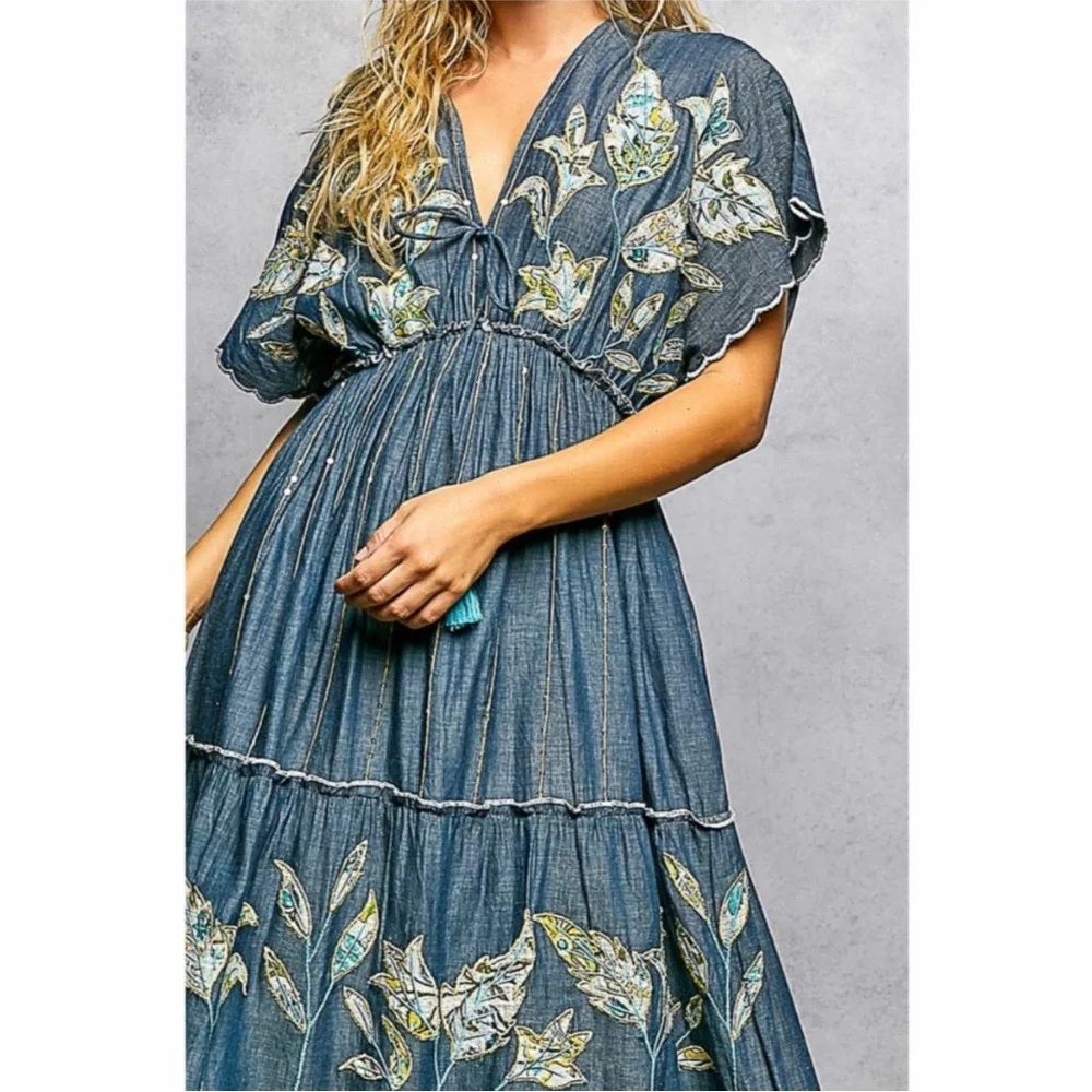 POL Blue Oversized Cotton Embroidered V Neck Maxi Dress w/Gold Detail! - Picture 4 of 7